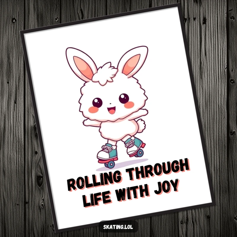 Funny Free Printable Wall Art: Fluffy bunny character joyfully gliding on roller skates with an enormous, beaming smile, spreading happiness.