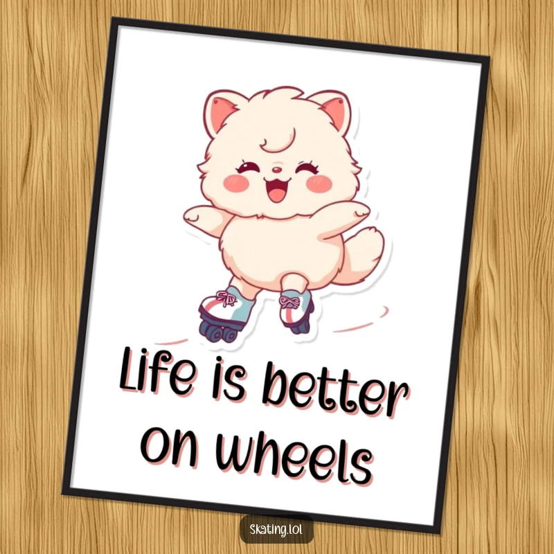 Funny Free Printable Wall Art: A fluffy animal grins while gliding smoothly on roller skates. Whimsical and humorous downloadable decor.
