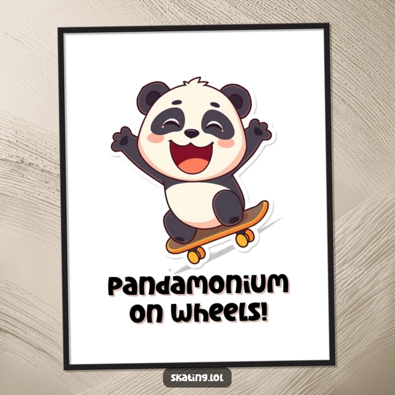 Funny Free Printable Wall Art: A playful panda character zooming downhill on a skateboard, grinning widely, full of energy.