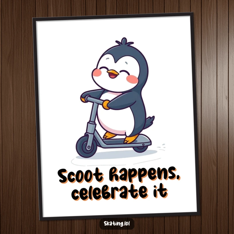 Funny free printable wall art of a gleeful penguin joyfully riding a kick scooter with eyes shut in delight, perfect for kids rooms.