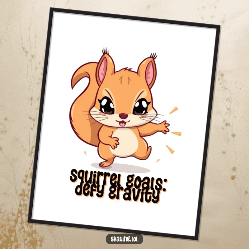 Funny free printable wall art of a determined squirrel with wide eyes, attempting a flashy, gravity-defying trick.