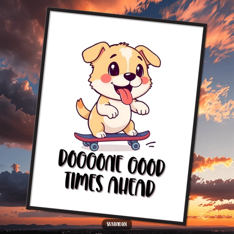 Funny Free Printable Wall Art featuring a playful dog enthusiastically pushing off with one skate, capturing a moment of thrilling action.