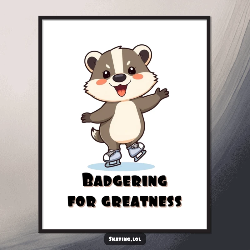 Funny Free Printable Wall Art: A cheerful badger performs a daring spin on ice skates, radiating pure joy and playful energy.