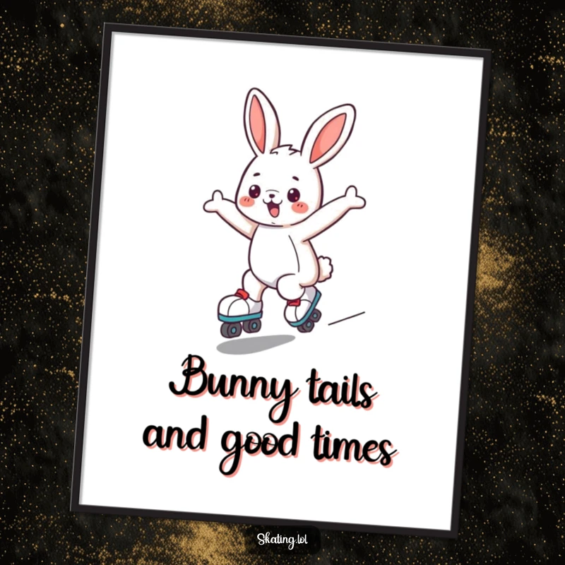Funny Free Printable Wall Art featuring a cute bunny joyfully gliding on roller skates with arms outstretched, radiating pure energetic fun.