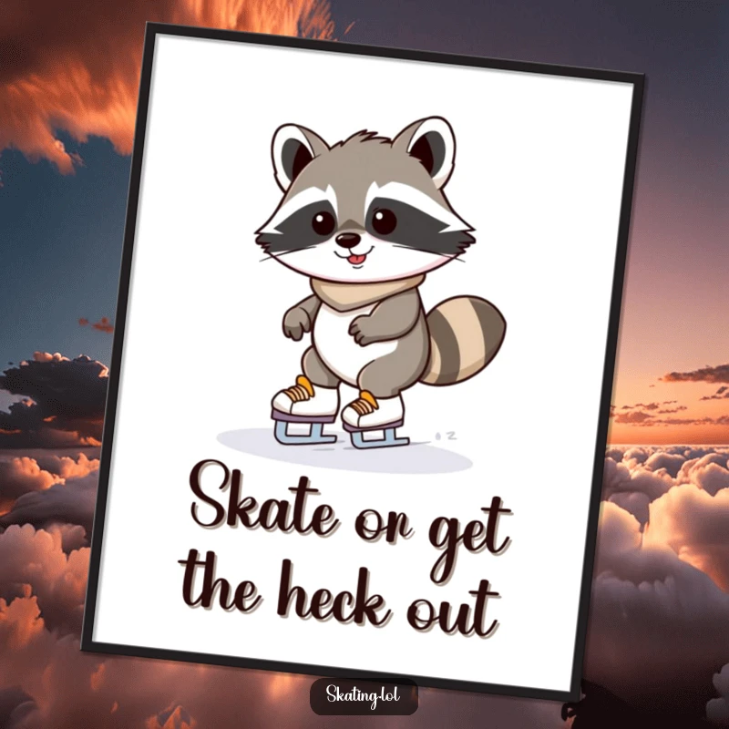 Funny Free Printable Wall Art: Kawaii raccoon wobbling on ice skates with a determined grin, for whimsical decor.