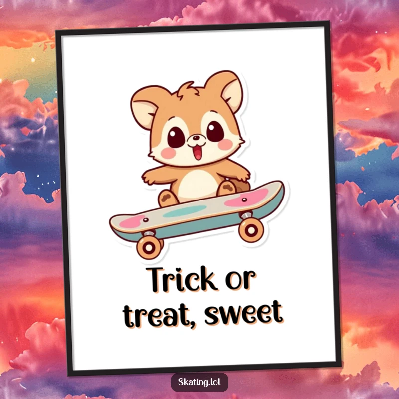 Funny Free Printable Wall Art: Playful animal character looking surprised as their skateboard does a trick, adding humor.