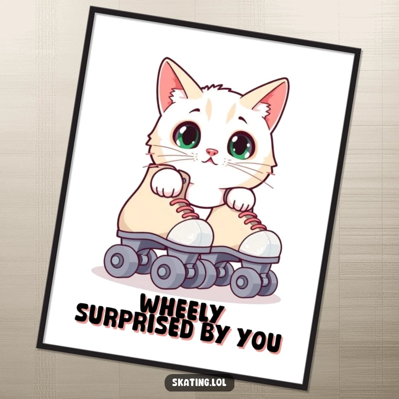 Funny Free Printable Wall Art featuring a surprised cat peeking out from behind a pair of roller skates, adding whimsical charm.