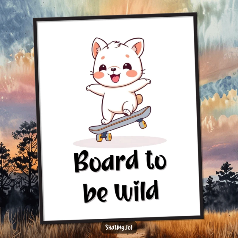Funny Free Printable Wall Art: Charming animal character attempting a wobbly but joyful balance on a skateboard, making a statement.
