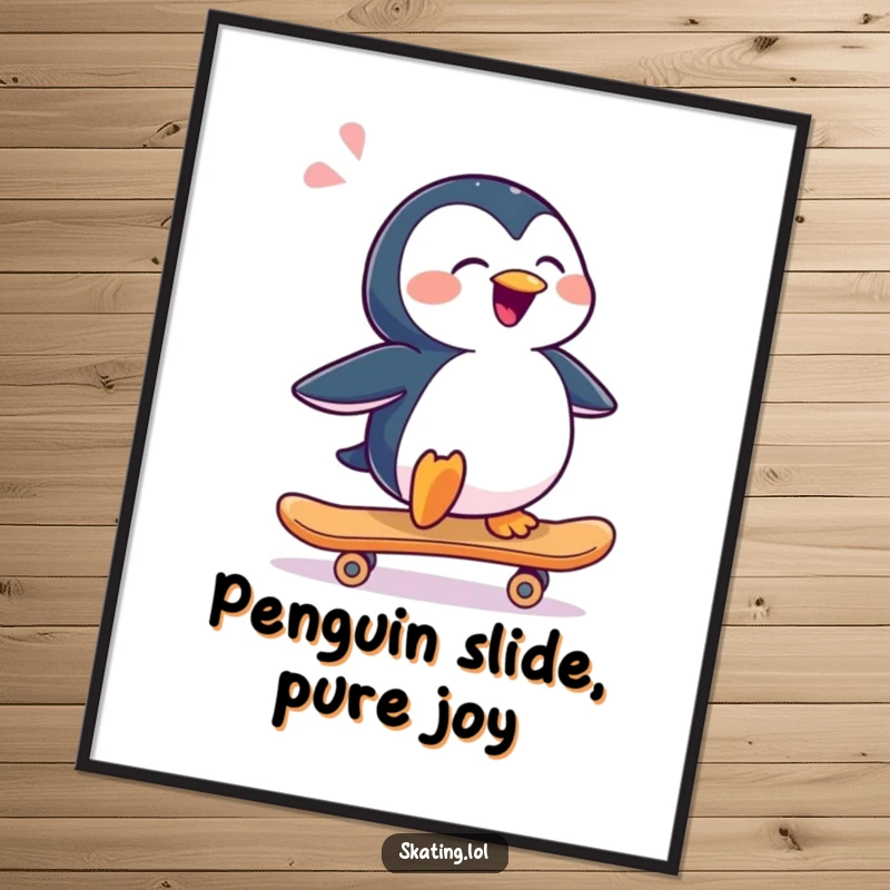 Funny Free Printable Wall Art: A joyful penguin happily sliding sideways on a skateboard, exuding pure bliss.