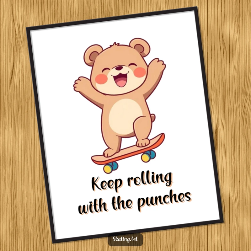 Funny Free Printable Wall Art: A laughing bear comically attempts to skateboard, arms flailing wildly, creating a humorous piece of downloadable art.
