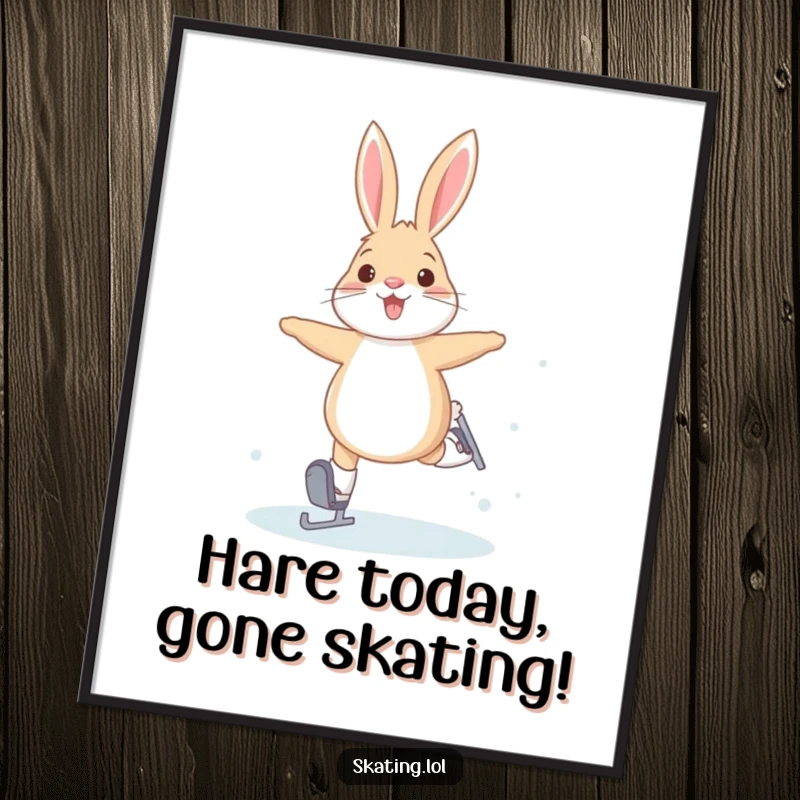 Funny Free Printable Wall Art: A joyful arctic hare attempts bunny hops on ice skates, capturing winter fun.