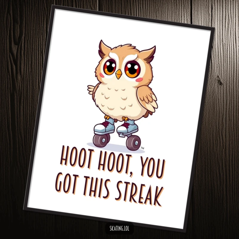 Funny Free Printable Wall Art: A surprised owl wobbles precariously on tiny roller skates, adding comic relief to your decor.