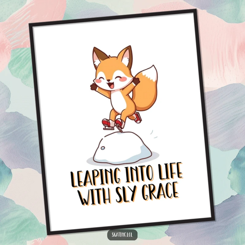 Funny Free Printable Wall Art: Cheerful fox leaps over an ice bump with impressive skating skills.