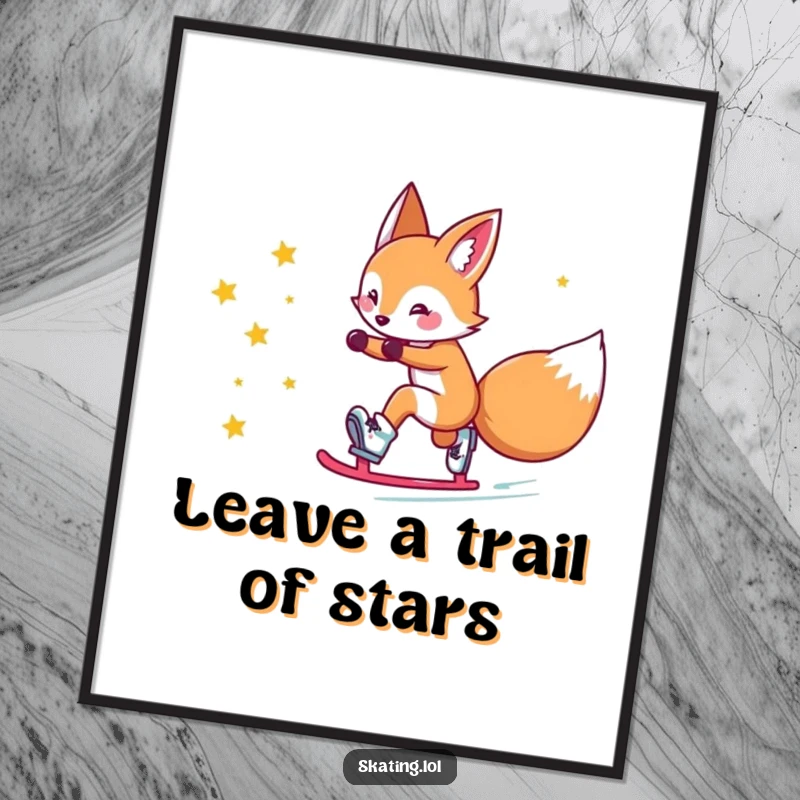Funny Free Printable Wall Art: Cute fox character gracefully sliding on roller skates, leaving a magical trail of twinkling stars behind.