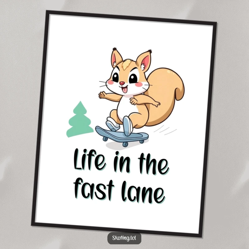 Funny Free Printable Wall Art: Happy squirrel character roller skating downhill at breakneck speed, a blur of joyous motion.