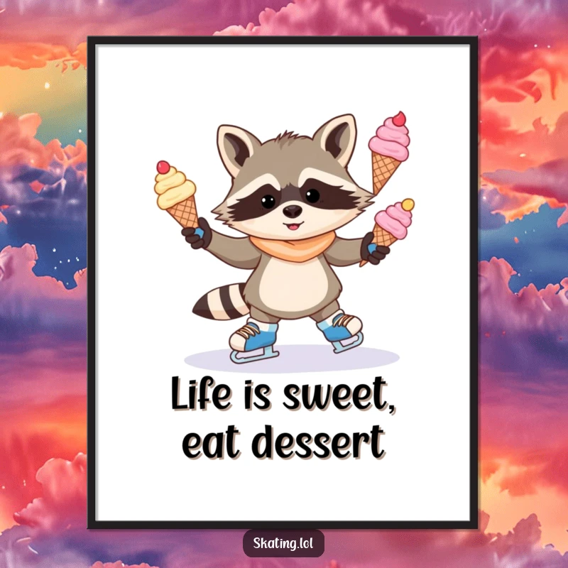 Funny Free Printable Wall Art: A mischievous raccoon juggles ice cream cones while on ice skates, pure fun.
