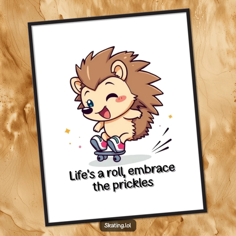 Funny Free Printable Wall Art: Clumsy hedgehog hilariously rolls on skates, a picture of pure joy.
