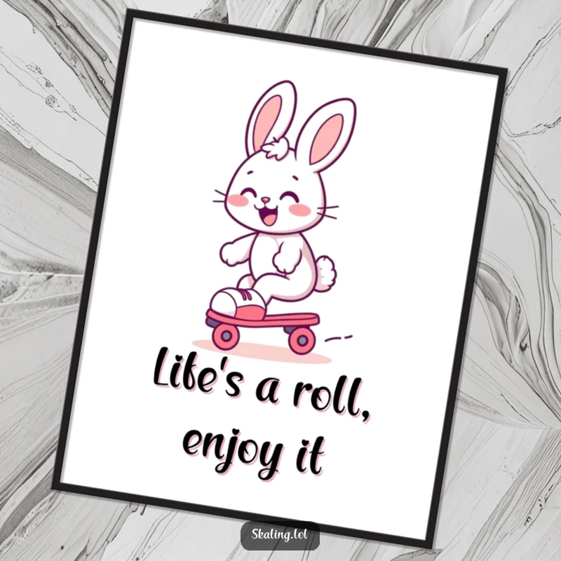 Funny Free Printable Wall Art: Cute bunny gleefully gliding on roller skates with an infectious joyful expression.