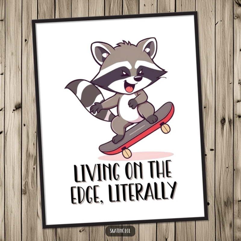 Funny Free Printable Wall Art: A mischievous raccoon with wide eyes, struggling to balance on a skateboard, ready to tumble.
