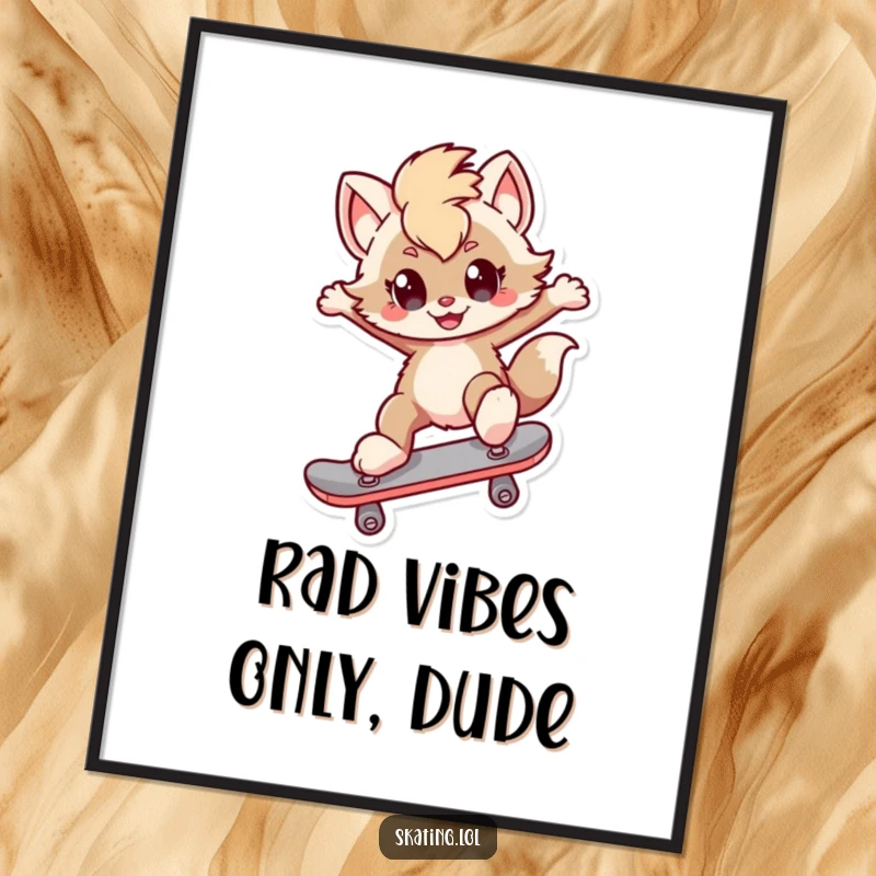 Funny free printable wall art: A furry character smirking while performing a kickflip on a skateboard, cool vibe.
