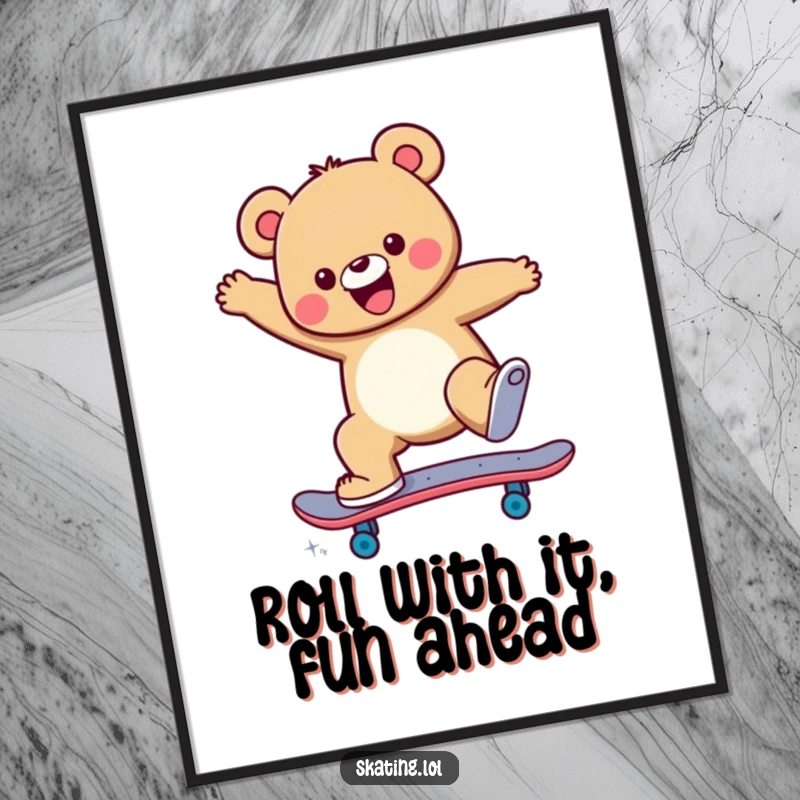 Funny Free Printable Wall Art of a bear performing a jump trick on a skateboard, radiating pure joy and radness.