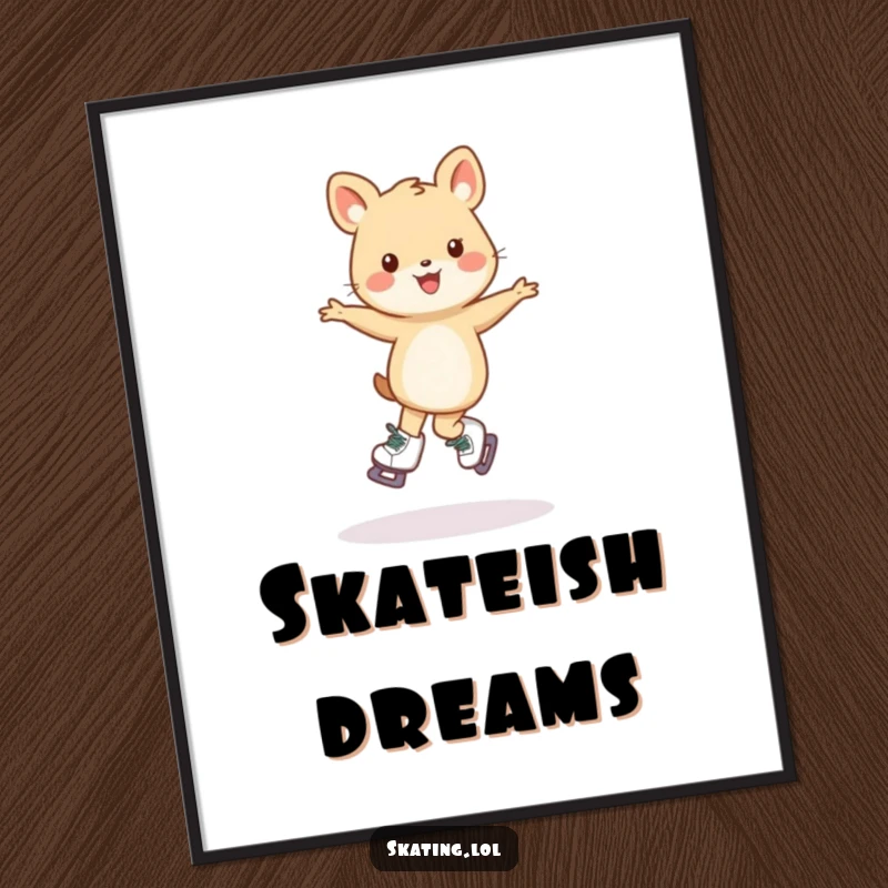 Funny Free Printable Wall Art: Small animal character doing a wobbly, joyful pirouette on ice skates, bringing fun decor.