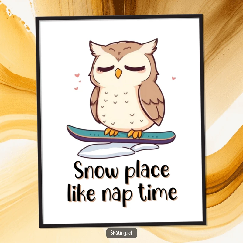 Funny Free Printable Wall Art: A sleepy owl sits dazed and cute on a snowboard, embodying relaxation.