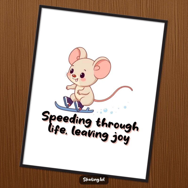 Funny Free Printable Wall Art: Giggling mouse zooms on skates, creating a snowy trail with joy.
