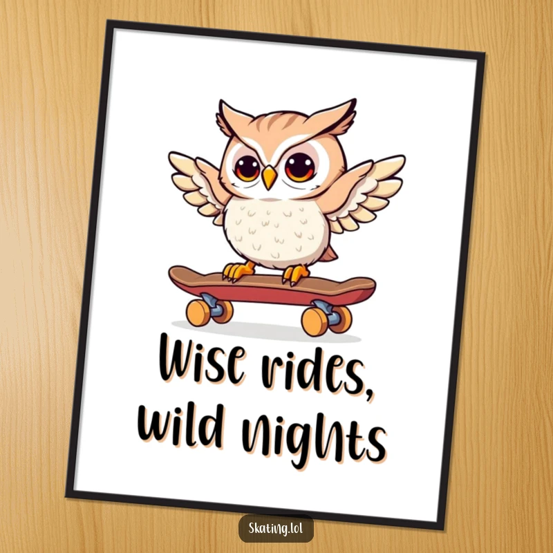 Funny Free Printable Wall Art: A curious owl cautiously steering a skateboard with its wings, adding a touch of whimsy.