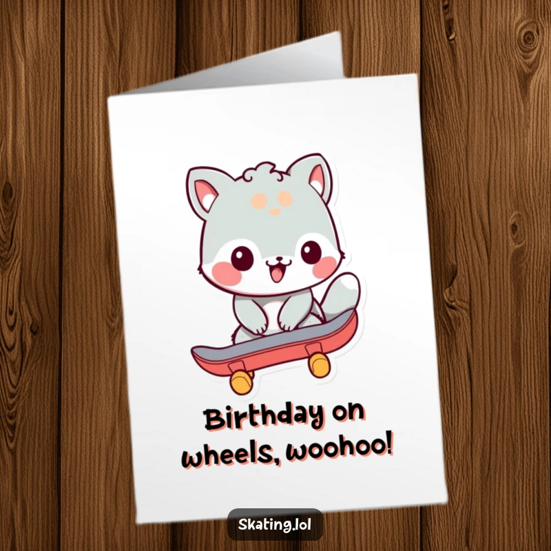 Funny Free Printable Birthday Card: Friendly animal character pushing off with a skateboard, mid-action.