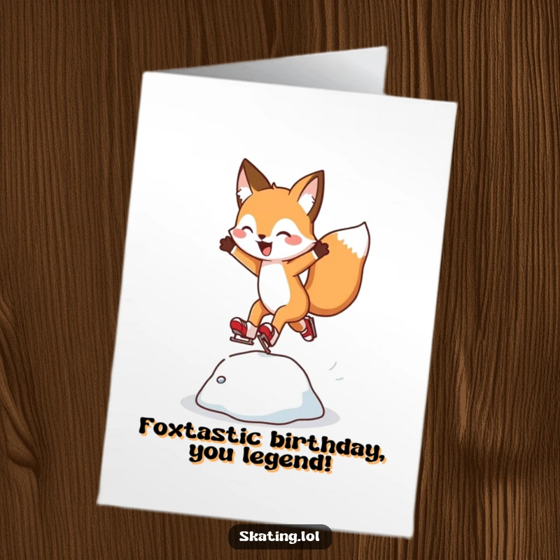 Funny Free Printable Birthday Card: Cheerful fox leaps gracefully over an ice bump while ice skating.