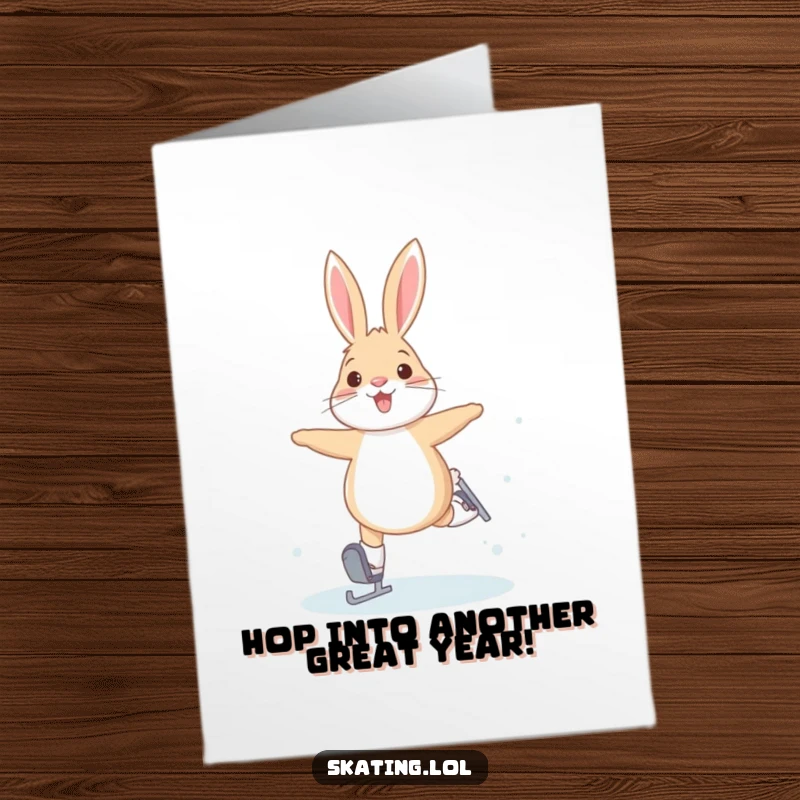 Funny Free Printable Birthday Card: A joyful arctic hare attempts bunny hops on ice skates, full of energy.