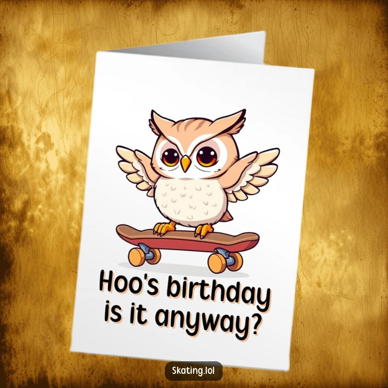Funny Free Printable Birthday Card: Curious owl cautiously steering a skateboard with its wings, a unique birthday wish.