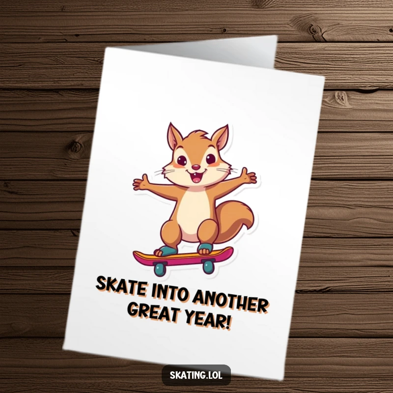 Funny Free Printable Birthday Card: Confident squirrel executing a flashy skate trick with a triumphant flourish, ready to party.