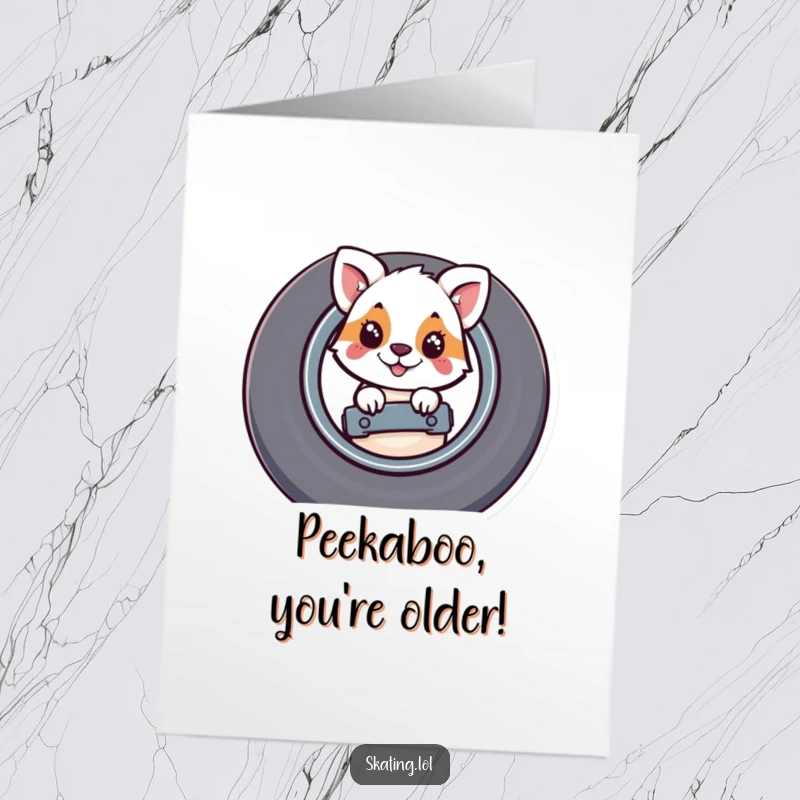Funny Free Printable Birthday Card: Whimsical animal playfully peeks from behind a large skateboard wheel.