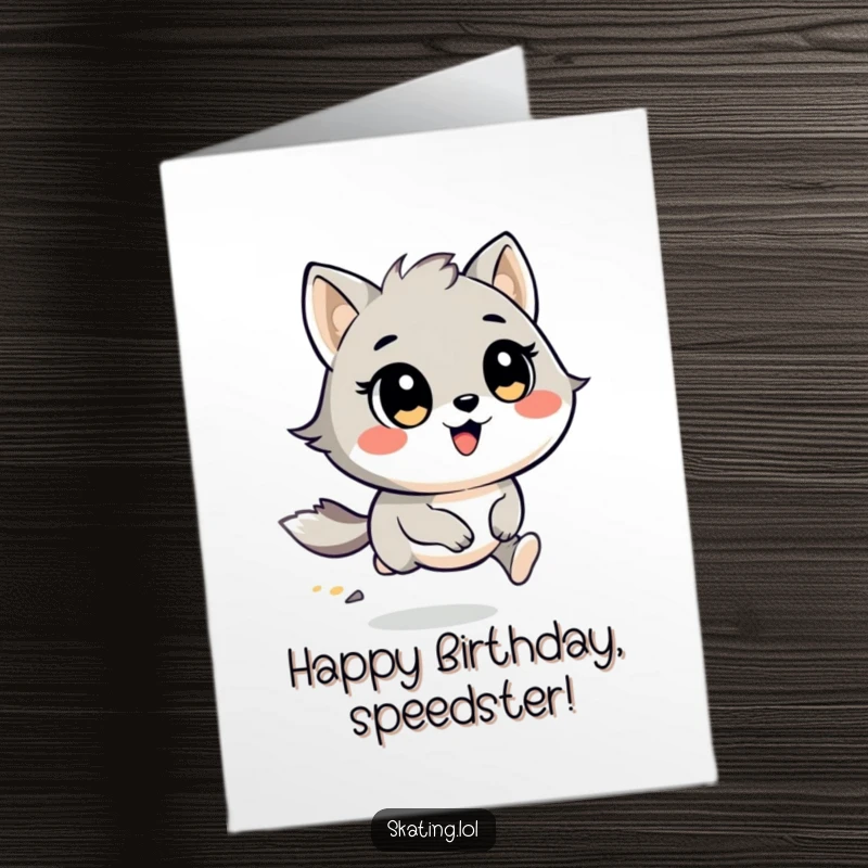 Funny free printable birthday card: A round, cheerful animal character racing with wind in its fur, looking fast and happy.