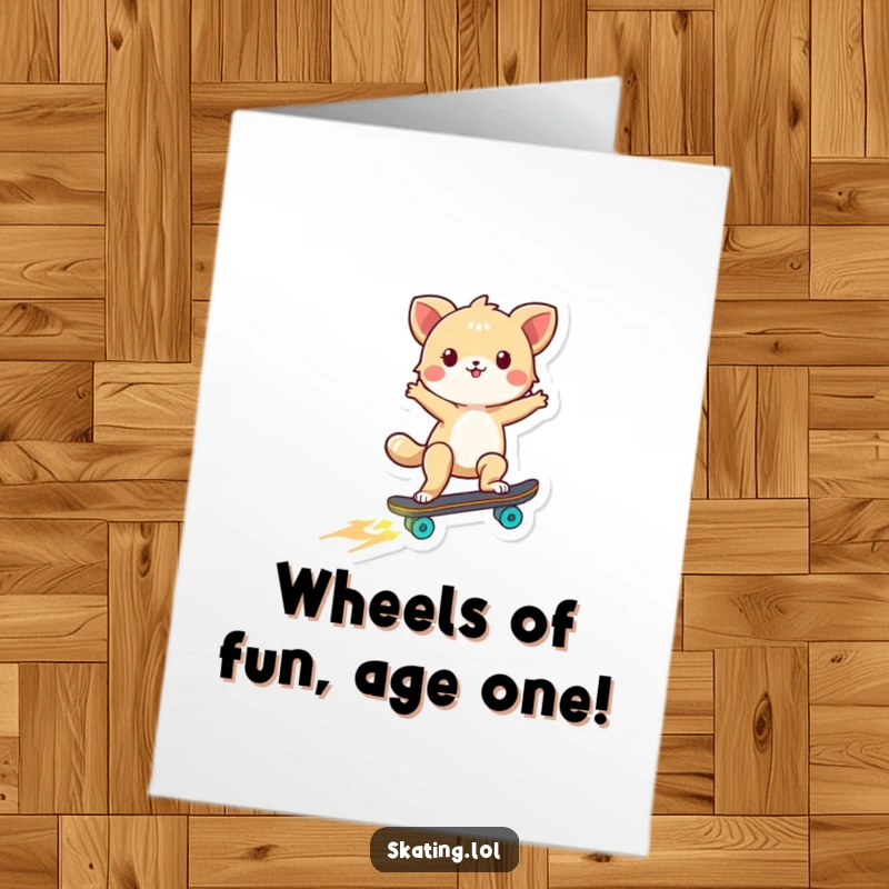 Funny Free Printable Birthday Card: Tiny dog spins on a glowing skateboard in celebration.