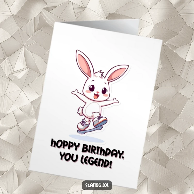 Funny Free Printable Birthday Card: Bouncing bunny attempts a graceful spin on skates, looking absolutely delighted.