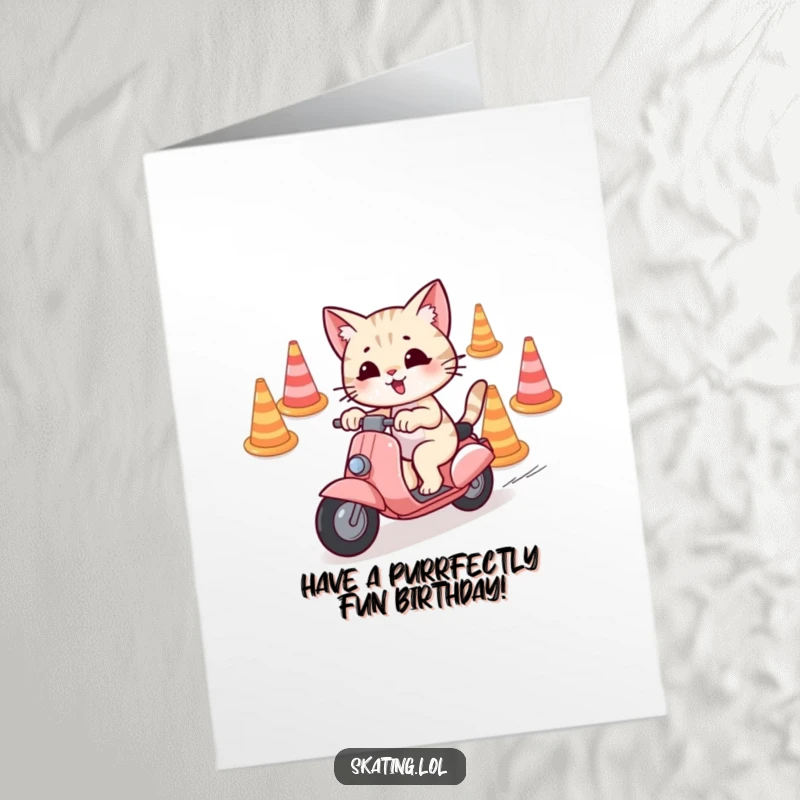 Funny Free Printable Birthday Card featuring a playful cat expertly weaving through cones on a scooter with a mischievous grin.