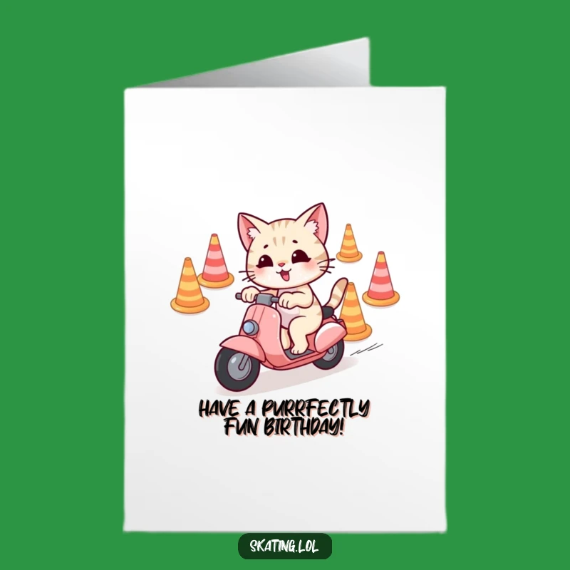 Free Printable Cat Scooter Birthday Card - Playful Funny Downloadable Greeting