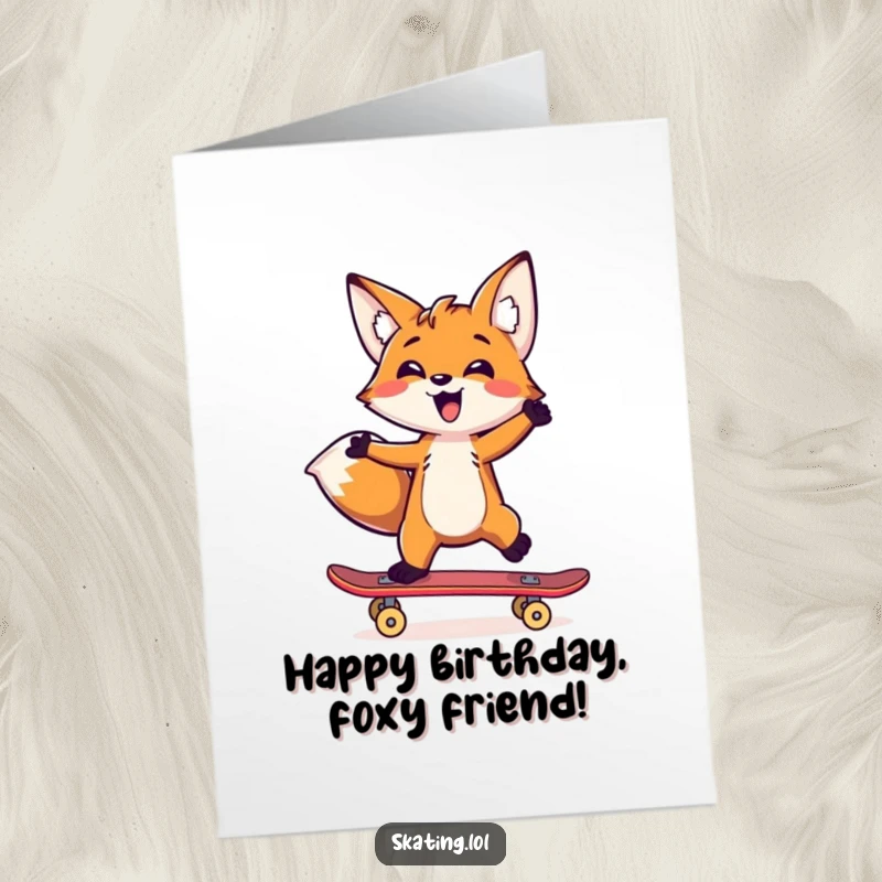 Funny Free Printable Birthday Card: A cheerful fox balancing on a skateboard with one paw, wishing a happy birthday.