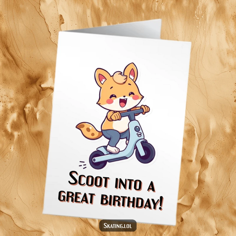 Funny Free Printable Birthday Card: Cute animal performing an exciting trick on a scooter, celebrating.