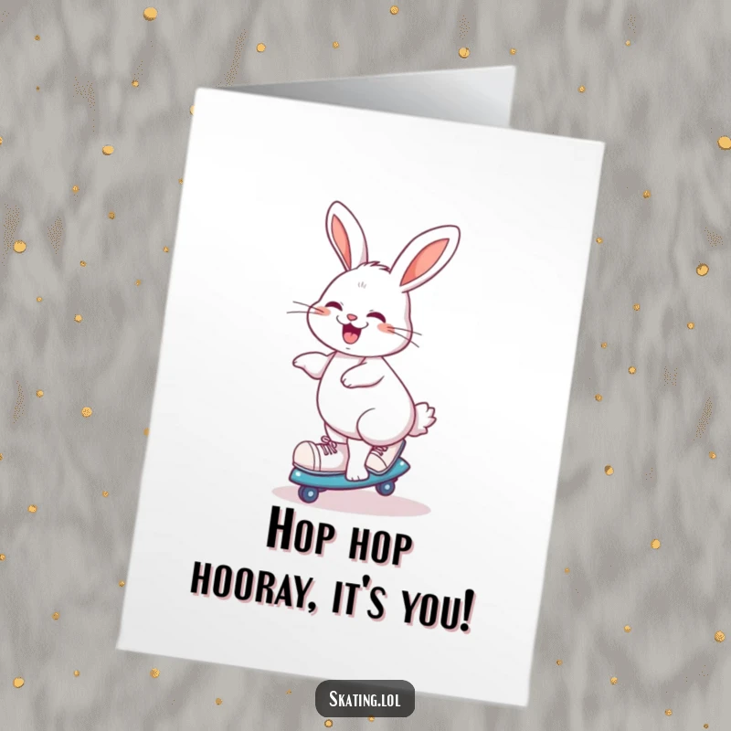 Funny free printable birthday card of a giggling rabbit joyfully spinning on roller skates.