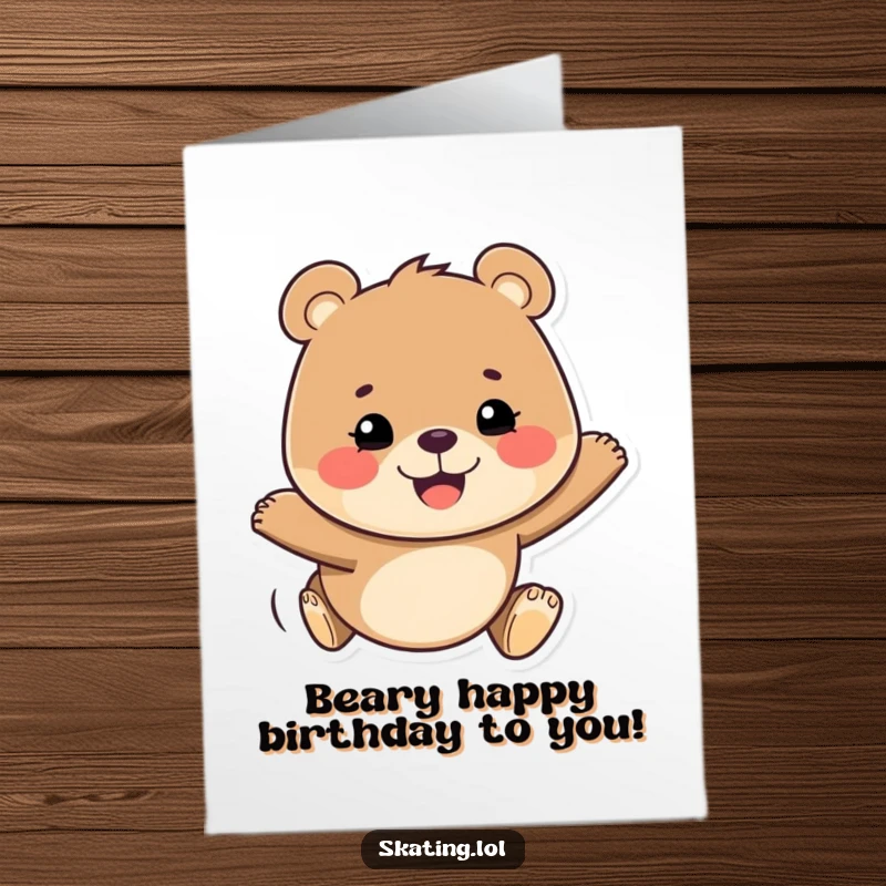 Funny Free Printable Happy Birthday card: A determined bear glides smoothly on roller skates, grinning with pure joy, ready to party.