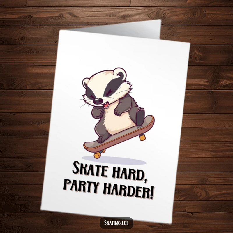Funny free printable birthday card featuring a clumsy badger losing balance while trying a skateboard trick, legs all tangled up.