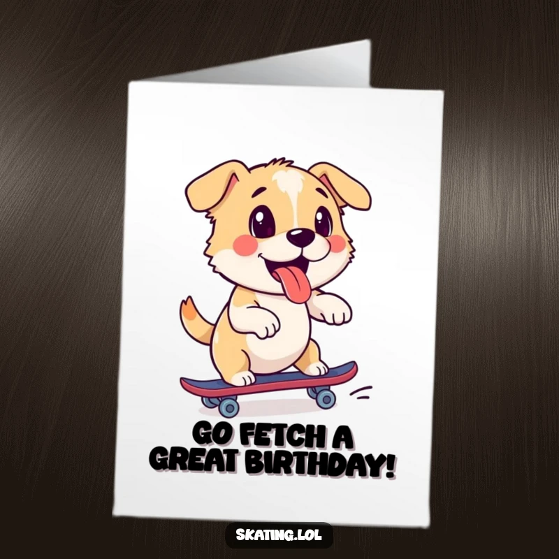 Funny Free Printable Birthday Card with a playful dog enthusiastically pushing off with one skate, celebrating a birthday with action.