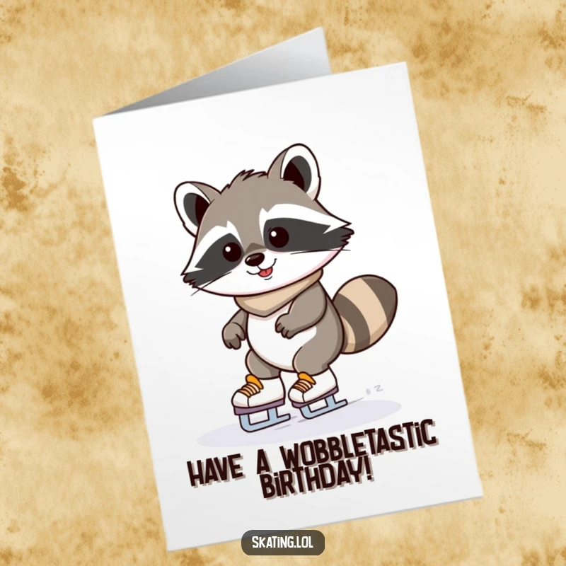Funny Free Printable Birthday Card: Kawaii raccoon wobbling on ice skates with a determined grin, celebrating a birthday.