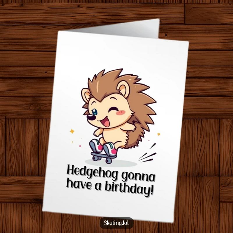 Funny Free Printable Birthday Card: Clumsy hedgehog hilariously rolls on skates, covered in giggles.
