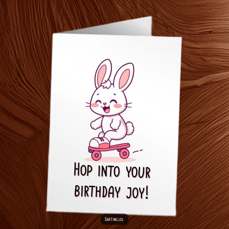 Funny Free Printable Birthday Card: Cute bunny gleefully gliding on roller skates with a super joyful expression.