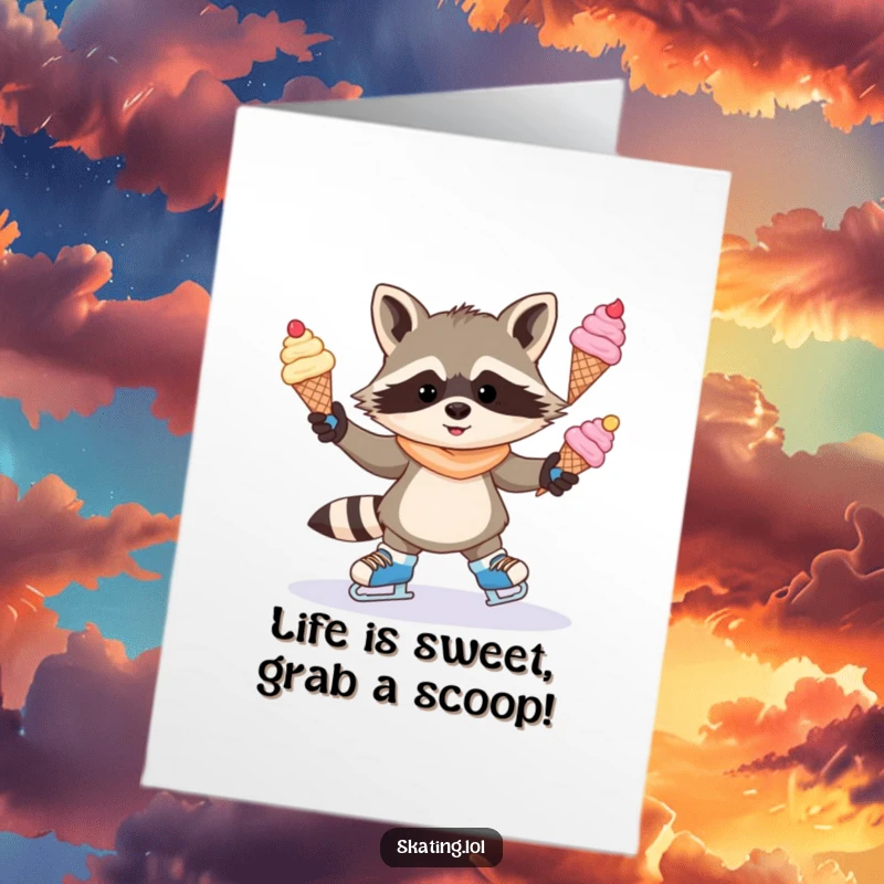Funny Free Printable Birthday Card: A mischievous raccoon juggles ice cream cones on ice skates, hilariously.